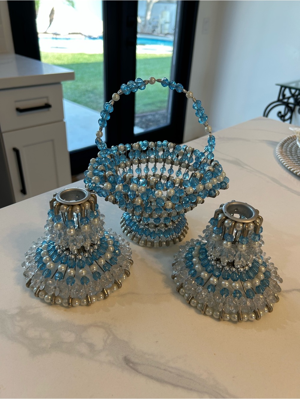 Handcrafted Beaded Blue Basket Safety Pins Lot of 3